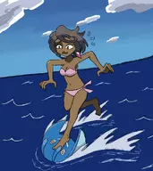 1girl bikini black_hair brown_eyes colored earrings mantyke olivia painted_nails pokemon pokemon_sm surfing // 1012x1136 // 212KB