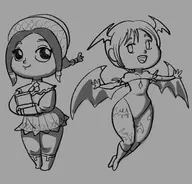 2girls aisha artist:unknown book chibi darkstalkers hat leotard lilith_aensland monochrome monter_hunter wings // 1620x1555 // 293KB