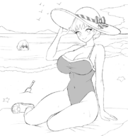 1boy 1girl artist:unknown beach byleth fire_emblem fire_emblem_three_houses huge_breasts marianne swimsuit // 796x846 // 167KB