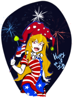 1girl 4th_of_july artist:esao303 blonde_hair clownpiece fireworks flag hat long_hair red_eyes touhou // 1462x1957 // 587KB