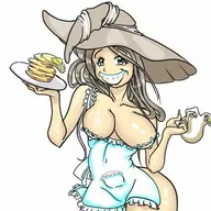 1girl apron breasts colored dragon's_crown food grey_eyes grey_hair hat long_hair naked_apron pancakes smile sorceress tears witch_hat // 512x512 // 49KB