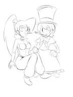 2girls artist:goseb90 bow crossover eyes_closed hat monochrome peacock ponytail shantae shantae_(series) sitting sketch skullgirls tobacco_pipe wayforward wink // 2000x2656 // 861KB
