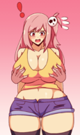 1girl artist:iggy_bomb casual_clothes dead_or_alive gradient_background groping honoka huge_breasts midriff pink_eyes pink_hair shorts // 1200x2000 // 726KB
