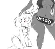 2girls artist:justdavefnd beauty_mark black blush bottomless censored cleavage dark_skin heart_pupils marina medium_breasts monochrome pearl splatoon splatoon_2 sweat text // 1800x1600 // 718KB