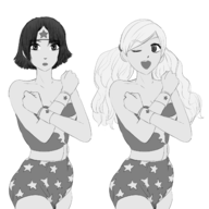 2girls ann_takamaki artist:aikun2012 cosplay makoto_niijima monochrome persona persona_(series) persona_5 shin_megami_tensei short_hair sketch smile twintails wink wonder_woman // 1470x1470 // 587KB