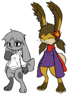 2girls artist:unknown bottomless breasts cave_story colored eyes_closed fortune hoodie medium_breasts mimiga mizuki oc tagme // 1487x2008 // 103KB