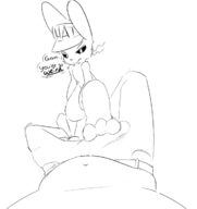 1boy 1girl anthro artist:unknown bulge bunny bunny_girl dialogue flat_chest footjob frown hat human jenny_jeungman looking pawjob penis pov text text_dialogue // 682x724 // 80KB