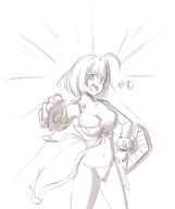 1girl artist:evilvileveil bikini bursting_breasts card fang idolm@ster idolm@ster_cinderella_girls japanese monochrome riamu_yumemi short_hair text yu-gi-oh! // 600x715 // 174KB