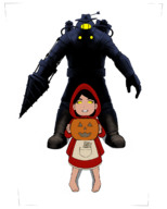 1boy 1girl 2018_halloween_collab big_daddy bioshock black_hair colored costume drill halloween halloween_collab hat hood jack-o'-lantern little_sister red_riding_hood smile yellow_eyes // 980x1220 // 331KB