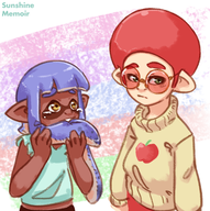 1boy 1girl apple artist:sunshine_memoir biting colored dark_skin food fruit glasses green_eyes inkling inkling_girl octoling octoling_boy pointy_ears splatoon sweater tears yellow_eyes // 548x552 // 315KB