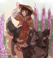 2boys animal artist:sunshine_memoir black_hair brown_eyes colored dog hat kuro sekiro sekiro_shadows_die_twice short_hair smile // 831x900 // 963KB