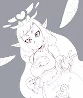 1girl eniripsa lineart long_hair peace_sign pointy_ears smile wakfu wings // 1057x1250 // 477KB