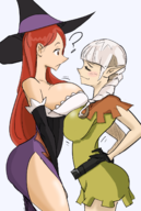 2girls belt braids brown_eyes colored dragon's_crown elbow_gloves elf eyes_closed gloves hat kewminus long_hair red_hair smug sorceress white_hair witch_hat // 1021x1522 // 1.1MB