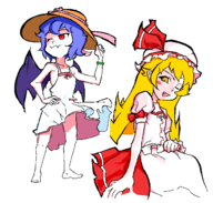 2girls artist:esao303 hat monogatari_(series) outfit_swap remilia_scarlet shinobu_oshino touhou wings // 651x622 // 66KB