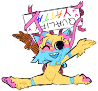 1girl artist:fuxafuwa breasts colored crotch dandy's_world eyelashes featureless_crotch queen_of_v queen_of_v_2025 roblox shark_teeth sharp_teeth sign small_breasts smile smiling splits text wink yatta // 1188x1104 // 803KB