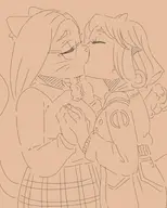 2girls anthro artist:unknown cat clothed_female diana_caproni eyes_closed handholding holding_hands kissing on_your_tail peina_felini sketch yuri // 1200x1500 // 240KB