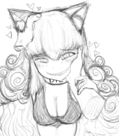 1girl animal_ears artist:unknown black_souls breasts catgirl cheshire_cat cleavage grin hands headpat heart monochrome pov // 805x919 // 754KB