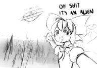 1girl alien artist:piopoi cirno flying_saucer monochrome pointing sketch text touhou tree ufo // 779x546 // 205KB