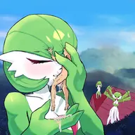 1boy 3girls angry artist:stupidsxysensei blowjob blush breasts colored cum cum_in_mouth cum_inside eyelashes eyes_closed fellatio gardevoir giantess hand_on_crotch huge_breasts kirlia mega_gardevoir oral pokemon small_breasts waving // 1748x1748 // 300KB