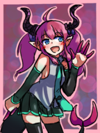 1girl ahoge alternate_hairstyle artist:mellie blue_eyes blush bow colored cosplay elizabeth_bathory fate_(series) fate_grand_order happy hatsune_miku horns pink_hair pointy_ears skirt tail thigh_high_boots twintails vocaloid wave // 1668x2224 // 2.5MB