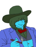 1boy artist:unknown buck_breaking cigar deltarune hair_covering_eye hat kris meme parody smile smiling // 437x572 // 163KB