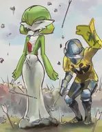 1boy 1girl arrow artist:NoConcession colored gardevoir helmet knight pokemon shield wip // 1400x1800 // 441KB