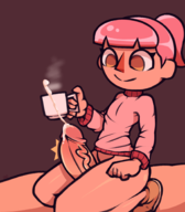 1boy 1girl animal_crossing artist:superwagon64 coffee colored cum cup female_villager penis pink_hair ponytail smile sweater thighjob villager // 1598x1822 // 1.0MB