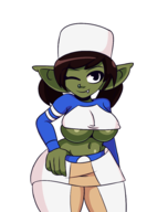 1girl artist:iggy_bomb assistant_greely black_eyes black_hair colored fang goblin pointy_ears thick_thighs underboob warcraft wink world_of_warcraft // 1500x1900 // 409KB