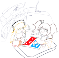 artist:esao303 danganronpa doll french_fries fumo junko junko_enoshima junkyard pizza soda touhou // 1909x1875 // 708KB