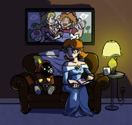 1girl artist:penelopeandme book colored cosplay mario princess_daisy princess_peach rosalina super_mario toad // 1095x1045 // 686KB