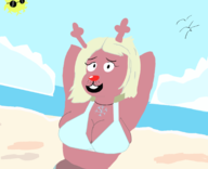 1girl arms_behind_head artist:unknown beach bikini breasts collar deltarune huge_breasts looking_at_viewer noelle_holiday red_nose smile smiling teeth // 1737x1408 // 380KB