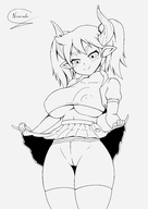 1girl ape_escape artist:nininho bell blush cowbell draph horns lineart pointy_ears skirt_lift smile spats twintails underboob yumi // 3530x5000 // 1.7MB
