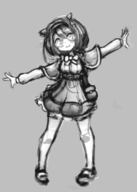 1girl artist:triggerdex blush bow glasses granblue_fantasy headband horns monochrome short_hair smile thigh_highs yaia // 439x614 // 131KB