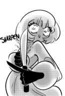 1girl artist:disavexx gris gris_(series) knife monochrome short_hair solo text // 1096x1617 // 182KB