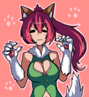 1girl animal artist:mellie blush catgirl cleavage colored ears fang fellpool navel paw paws pericci ponytail red_hair star_ocean tail unhappy // 1513x1638 // 528KB