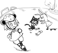 3girls artist:unknown helmet kuma-tan kumatanchi neko-kun rabi-tan roller_skates skateboard skating // 942x850 // 263KB