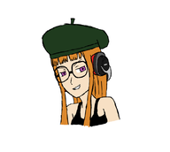 1girl beret colored futaba_sakura glasses grin hat headphones long_hair orange_hair persona persona_(series) persona_5 purple_eyes shin_megami_tensei // 800x715 // 82KB