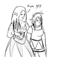 2girls golden_sun headpat karst menardi sketch text // 1666x1600 // 941KB