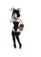 1girl 2019_easter_collab black_eyes black_hair bunny_ears bunny_girl bunny_suit collab colored easter easter_collab gloves leotard peace_sign persona persona_(series) persona_5 sadayo_kawakami shin_megami_tensei short_hair tail text // 978x1358 // 134KB