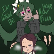 2girls artist:unknown brown_eyes brown_hair fukua green_eyes green_hair painwheel skullgirls thick_thighs // 1500x1500 // 530KB