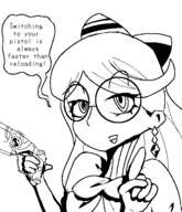 1girl artist:unknown bayonetta bayonetta_(series) bow cereza dialogue earring glasses gun solo speech_bubble text weapon // 480x560 // 14KB