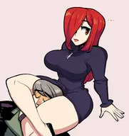 1boy 1girl adam adam_kapowski artist:gerard_burn bored breasts colored cross eyes_closed grey_hair headlock long_hair necklace orange_eyes parasoul red_hair short_hair skullgirls thick_thighs // 1481x1568 // 727KB