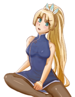 1girl artist:aikun2012 blonde_hair blue_eyes blush colored forte pantyhose ponytail qipao rune_factory rune_factory_4 sitting // 1020x1320 // 785KB