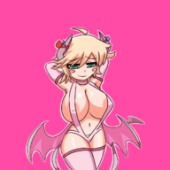 1girl artist:iggy_bomb blonde_hair breasts colored fang green_eyes horns imp monster_girl rami short_hair smile wings // 1200x1200 // 397KB