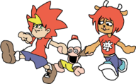 1boy 1girl ape_escape artist:rider colored crossover green_eyes hand_holding lammy_lamb monkey pipo_monkey red_hair short_hair smile spike um_jammer_lammy // 685x423 // 112KB