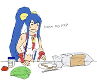 1girl blazblue bread colored lettuce mai_natsume sandwich text // 1341x1131 // 267KB