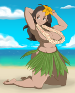 1girl armpit background beach brown_eyes brown_hair colored dark_skin flower hair_ornament huge_breasts hula_outfit mom_(alola) pokemon pokemon_sm skirt topless // 1050x1300 // 709KB