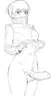 1girl artist:heeho-san bottomless chie_satonaka foreskin futanari midriff monochrome penis persona persona_(series) persona_4 shin_megami_tensei shirt_lift short_hair testicles // 657x1231 // 213KB