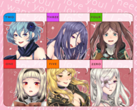 blonde_hair blue_eyes blue_hair blush book brown_hair colored drakengard drakengard_3 five flower four green_eyes grey_hair hair_ornament headband heart long_hair meme one parody purple_eyes purple_hair red_eyes short_hair text // 2000x1600 // 3.0MB