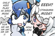 2girls artist:notepaddy bandages blue_eyes blue_hair doll kimoi_girls laughing little_witch_nobeta meme monica parody sharp_teeth smug speech_bubble tania text touhou white_hair // 562x370 // 199KB